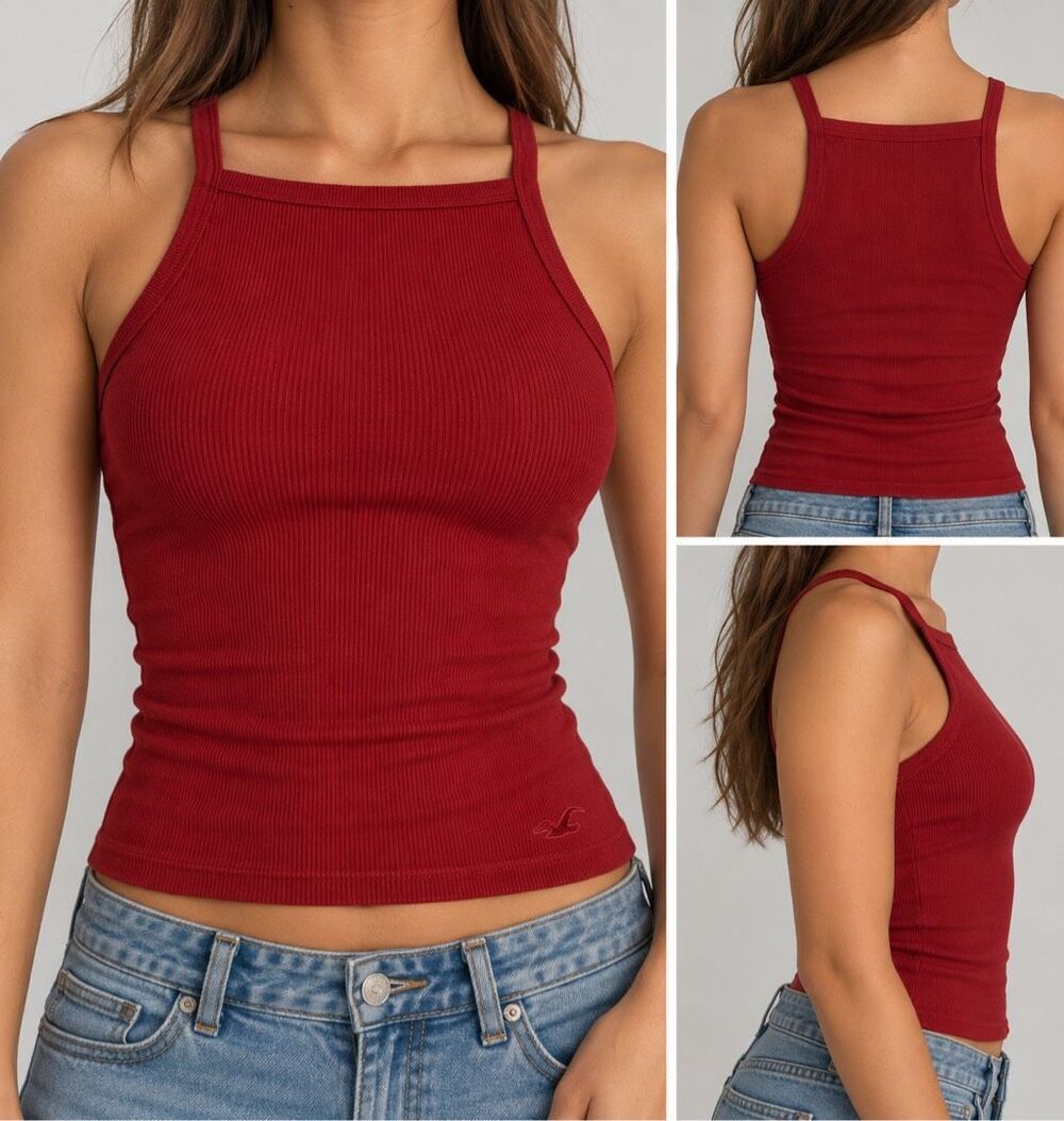 Hollister Red Ribbed Layering Tank Top Small Y2K Square Neck Logo